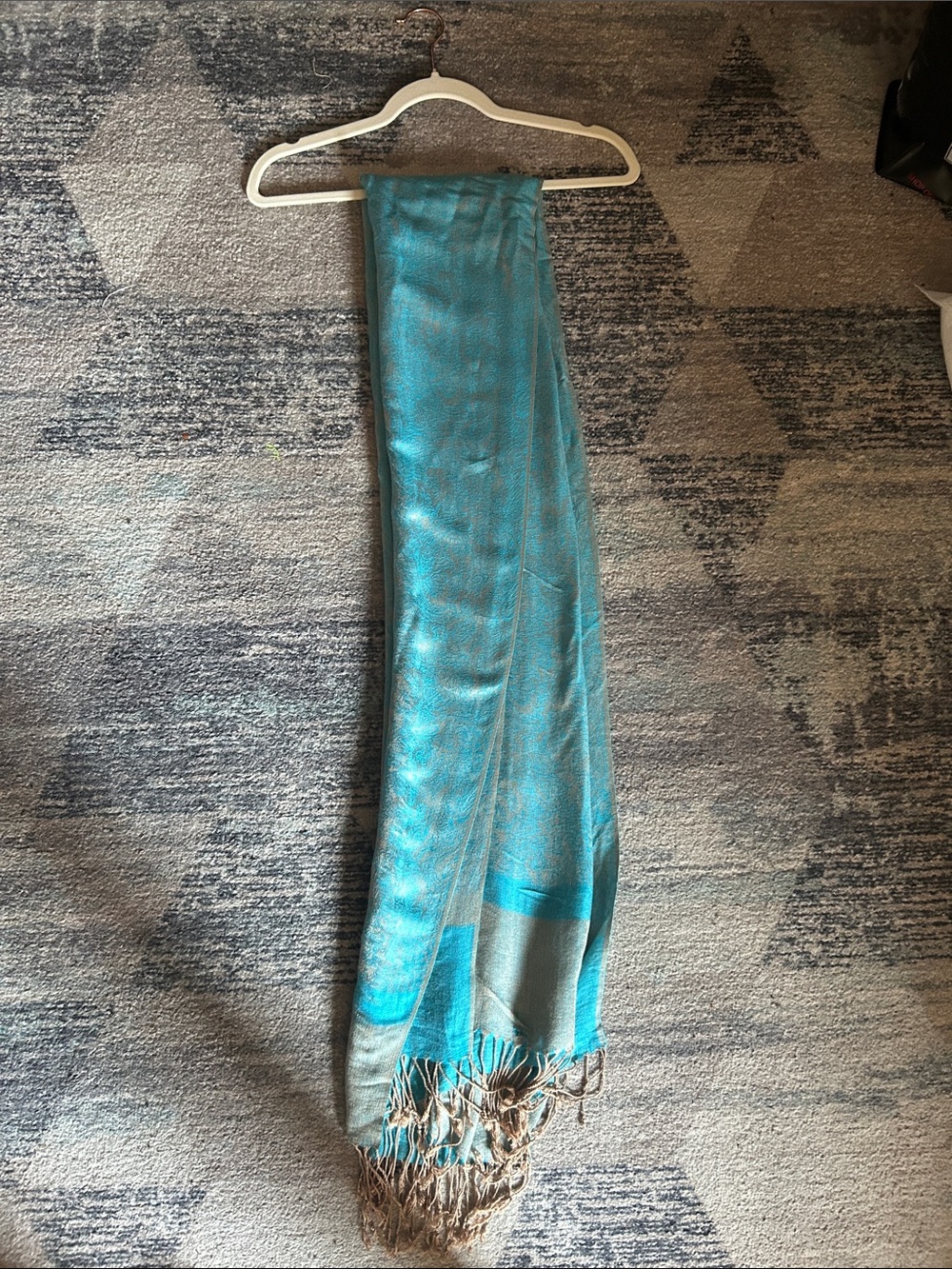 Turquoise Blue Metallic Pashmina Scarf with Fringe